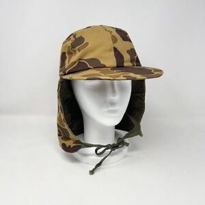 VTG Duxbak Brown Camo Canvas Flap Hat 7 1/4 Insulated Sportsman Hunting Trapping